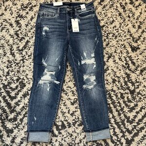 Judy Blue Dark Blue Distressed Ankle Jeans